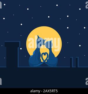 A couple of cute cats in love are sitting on the roof, against the background of the night sky. Flat vector illustration in trendy colors. Stock Vector