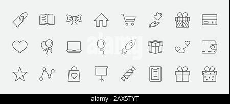 Set of Gifts Vector Line Icons. Contains Symbols Gift Cards, Ribbons and more. Editable Stroke. 32x32 pixel. Stock Vector