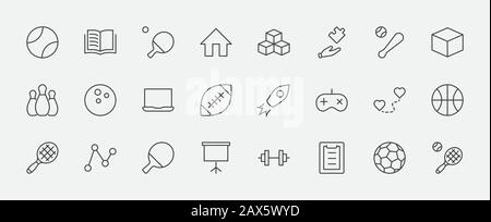 Set of Sports balls, hobbies, entertainment vector line icons. It contains symbols of football, basketball, bowling, tennis and much more. Editable St Stock Vector