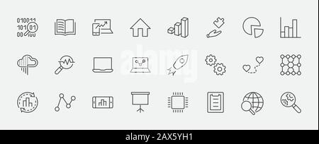 Set of Data Analysis Related Technology Vector Line Icons. Contains such Icons as Charts, Search, Graphs, Traffic Analysis, Big Data and more. Editabl Stock Vector