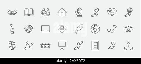 International Day of Human Solidarity Line Vector Icons Set. Contains such Icons as Handshake, Heart, planet Earth, helping Hand, People and more. Edi Stock Vector