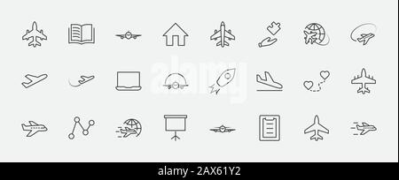 Set of Plane vector line icon. It contains symbols to aircraft, globe and more. Editable Stroke. 32x32 pixels. Stock Vector