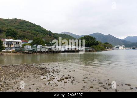 Hong Kong - January 1 2020 : Tai O Village View, Tai O Stilt Houses, Long Shot, Eye Level View Stock Photo