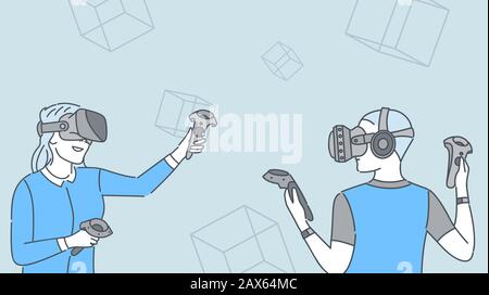 People wearing VR headsets cartoon illustration. Two girls playing virtual reality game together, enjoying videogame flat characters with outline. Female gamers, players with wireless controllers Stock Vector
