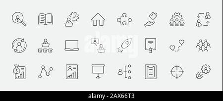 Set of People Management Related Vector Line Icons. Contains such Icons as Target, Puzzle, Certificate, Personal data processing, Task Manager, Qualif Stock Vector