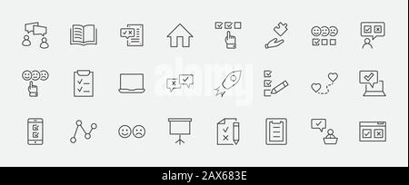 Set of Survey Related Vector Line Icons. Contains such Icons as Smile, Sad, Review, Click, Check, Customer Opinion, Web Survey and more. Editable Stro Stock Vector