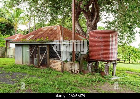 Old colonial style shed and water tank in an outdoor backyard after rainfall when the grass and foliage are lush and green Stock Photo