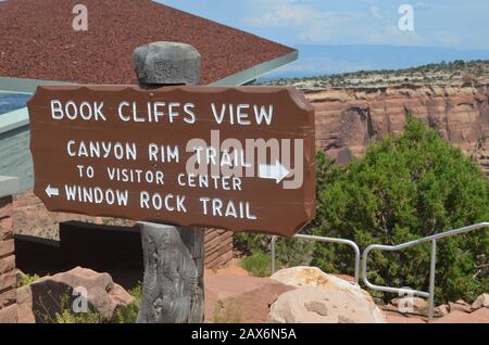FRUITA, COLORADO - JUNE 23, 2016: Book Cliffs View Sign Along Rim Rock Drive in Colorado National Monument Stock Photo