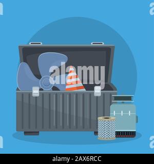 tools box with car engine parts over blue background, colorful design Stock Vector