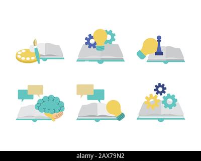 books and skills concept icon set, colorful design Stock Vector