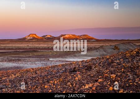 The Breakaways range at sunset, close to Coober Pedy, South Australia. Stock Photo