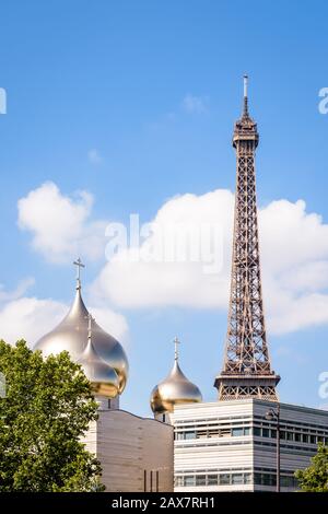 The Holy Trinity Cathedral is a russian orthodox cathedral topped by golden onion domes, built in 2016 not far from the Eiffel tower in Paris, France. Stock Photo