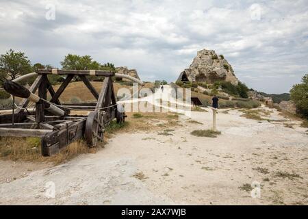 Les Baux de Provence, France - June 26, 2017: Trebuchet of the fortress Les Baux de Provence, France Stock Photo