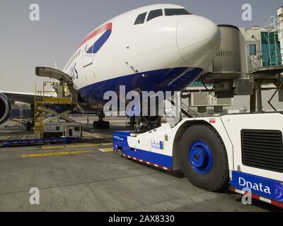 DNATA Aircraft Pushback. Dubai, UAE Stock Photo