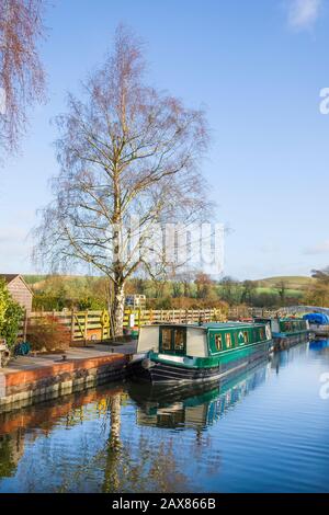 A calm sunny landscape in early January showing the Kennet and Avon canal and narrow boats moored at Honeystreet in the Vale of Pewsey in Wiltshire England UK Stock Photo