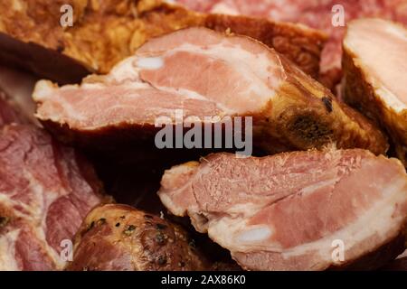 Close up of red smoked meat, macro photo Stock Photo