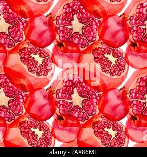 Seamless pattern of red pomegranates on white background isolated close up, whole and cut pink pomegranate with seeds repeating ornament, trendy print Stock Photo