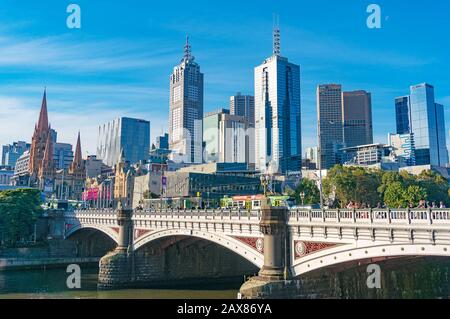 Melbourne, Australia - April 4, 2017: Melbourne Central Business District, CBD and Princess bridge over Yarra river. Urban cityscape Stock Photo