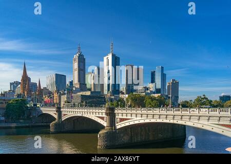 Melbourne, Australia - April 4, 2017: Melbourne CBD, Central Business District skyline wirh historic Princess Bridge over Yarra river on foreground Stock Photo