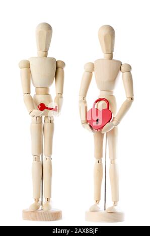 couple of dummy with heart padlock and key isolated on white background Stock Photo