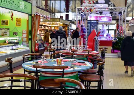 NARBONNE, FRANCE - DECEMBER 27, 2016: A view of the interior of Les Halles de Narbonne, in Narbonne, France, the main public market in the city which Stock Photo