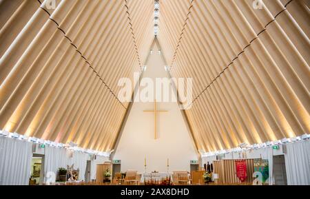 Interior of the Transitional Cathedral of Christchurch, constructed from repurposed materials and dubbed the 'Cardboard Cathedral' Stock Photo