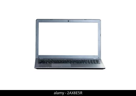 New modern black laptop isolated on white with white blank display. Portable computer digital device mock-up Stock Photo