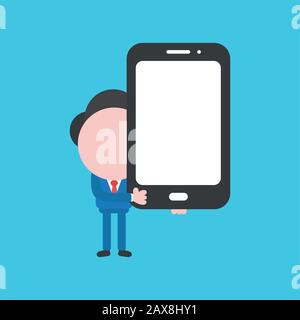 Vector cartoon illustration concept of faceless businessman mascot character holding smartphone on blue background. Stock Vector