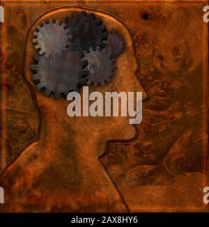 Copper man with cogwheels inside head. Chasing on metal. 3D rendering Stock Photo