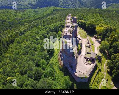 Aerial view of the Fleckenstein castle in the middle of the forest, Alsace France Stock Photo