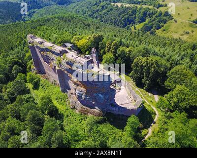 Aerial view of the Fleckenstein castle in the middle of the forest, Alsace France Stock Photo