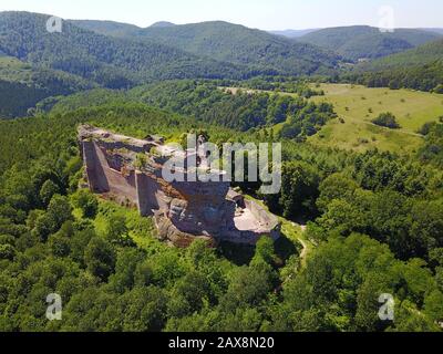 Aerial view of the Fleckenstein castle in the middle of the forest, Alsace France Stock Photo