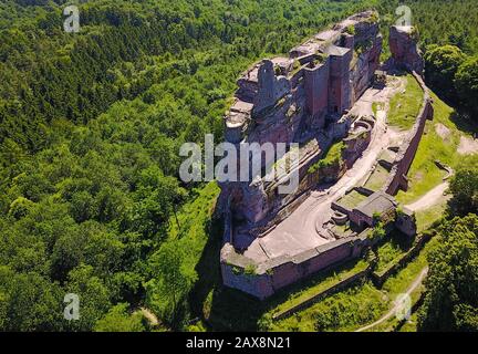 Aerial view of the Fleckenstein castle in the middle of the forest, Alsace France Stock Photo