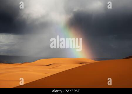 Sahara desert sand dunes with rainbow against dark, cloudy, rainy sky at Erg Chebbi, Merzouga, Sahara desert of Morocco. Stock Photo