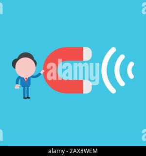 Vector cartoon illustration concept of faceless businessman mascot character holding magnet attracting on blue background. Stock Vector