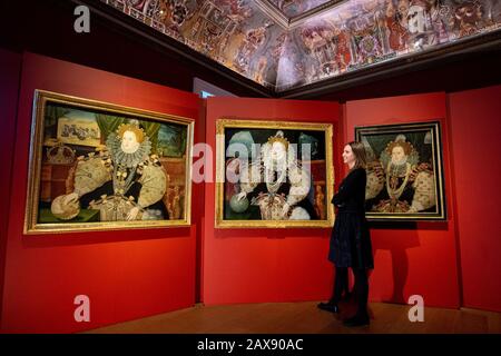 Dr Allison Goudie views the three surviving Armada portraits of Queen Elizabeth I, on display together for the first time in their 430-year history during a preview of the exhibition Faces of a Queen: The Armada Portraits of Elizabeth I at the Queen's House, Greenwich, London. PA Photo. Picture date: Tuesday February 11, 2020. Photo credit should read: Dominic Lipinski/PA Wire Stock Photo