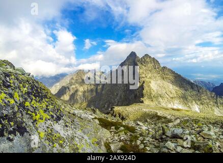 Peaks in High Tatras Mountains: mt.Vysoka (2547m) (on the Left) and mt.Tazky Stit (2500m) (Right), Vysoke Tatry, Slovakia Stock Photo