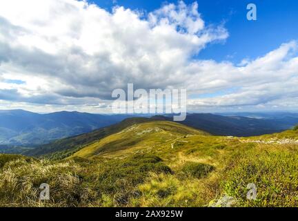 Picturesque landscape of Carpathian mountains in early autumn Stock Photo