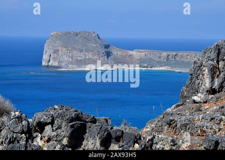 Greece, Gramvousa island with fortress, view from Balos lagoon near Kissamos Stock Photo