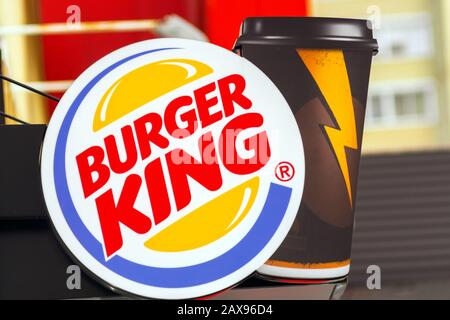 Tyumen, Russia-January 20, 2020: Burger King, often abbreviated as BK, is a global chain of hamburger fast food restaurants Stock Photo