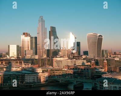 Last Light of The Day Hitting Skyscrapers, City of London, England, UK, GB. Stock Photo