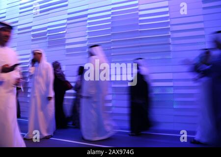 Emirati visitors attend the Future Museum at the Government Summit in Dubai, United Arab Emirates 2015. Stock Photo
