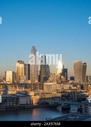 Last Light of The Day Hitting Skyscrapers, City of London, England, UK, GB. Stock Photo