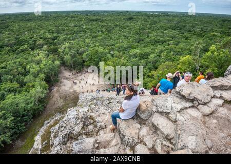 View of rainforest jungle from top of Nohoch Mul pyramid, Coba Archeological Area, Yucatan Peninsula, Quintana Roo state, Mexico Stock Photo