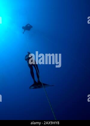 Italian champion free diver Linda Paganelli ascends from the depths of Egypt's famous Blue Hole in the Sinai Desert on 8 September 2006, after reaching an incredible 90 meters of depth, a new Italian women's record.  Above her, Swedish champion Lotta Ericson watches her in case she loses consciousness during the ascent. Stock Photo