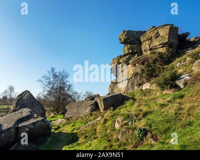 Gritstone rocks at Brimham Beacon on the southern edge of Brimham Moor Nidderdale AONB North Yorkshire England Stock Photo