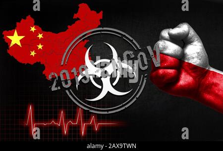 The concept of an epidemic in China with a virus named 2019-CoV, with the flag of Poland on the fist of a man. Stock Photo