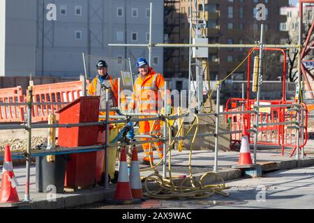 London, UK. 11th February, 2020.  HS2 construction workers carry out pre-construction demolition and utility works at London Euston in preparation for HS2. The UK government has approved controversial High Speed 2 railway project, linking London to Birmingham. HS2 due to be completed in 2040 is currently over budget and behind schedule, with warnings cost could rise to £106bn. Credit: Thamesfleet/Alamy Live News Stock Photo