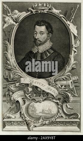 Sir Francis Drake (1540-1596), sea captain and circumnavigator of the world.  Copperplate engraving, published in about 1746, by Dutch engraver, Jacobus Houbraken (1798 - 1780).  In 1588, as Vice-Admiral of the English fleet, Drake defeated the Spanish Armada and thwarted an attempted invasion of England by King Philip II of Spain.  This engraving includes details relating to Drake's life, including a sea battle in progress, a trident, a ship's mast, cannon, an anchor and, surmounting the portrait, a crown, decorated with the sterns of sailing ships. Stock Photo