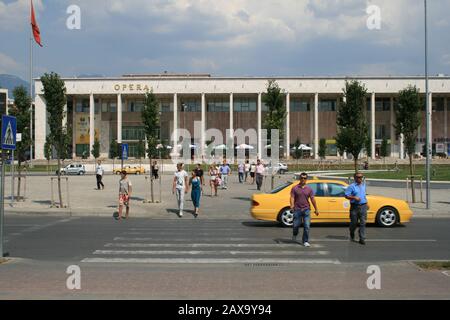Palace of Culture and Opera House, Skanderbeg Square, Tirana, Albania, Balkans, Eastern Europe. Stock Photo